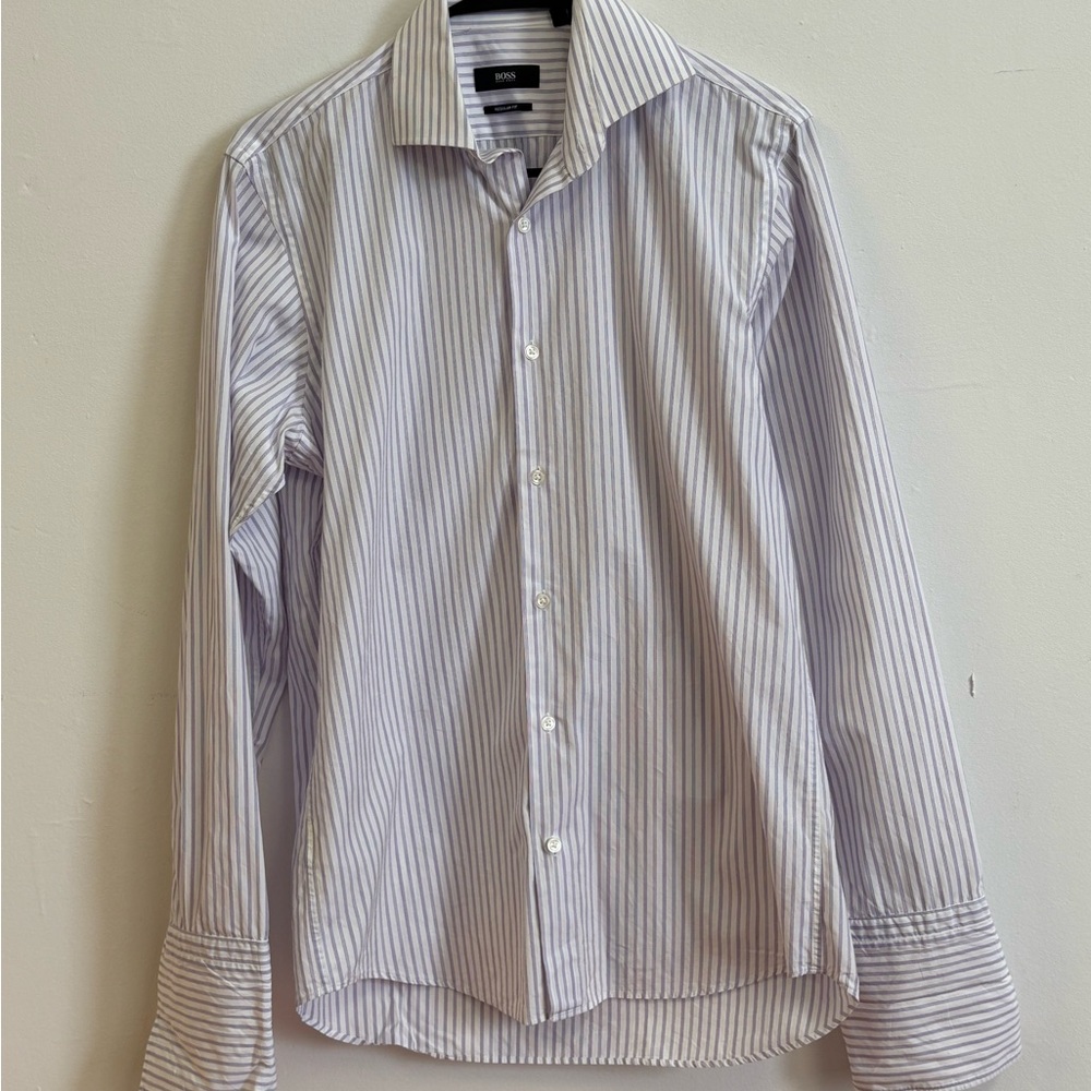 BOSS Hugo Boss Dress Shirt Men's 15 32/33 Purple Striped Long Sleeve Button Up